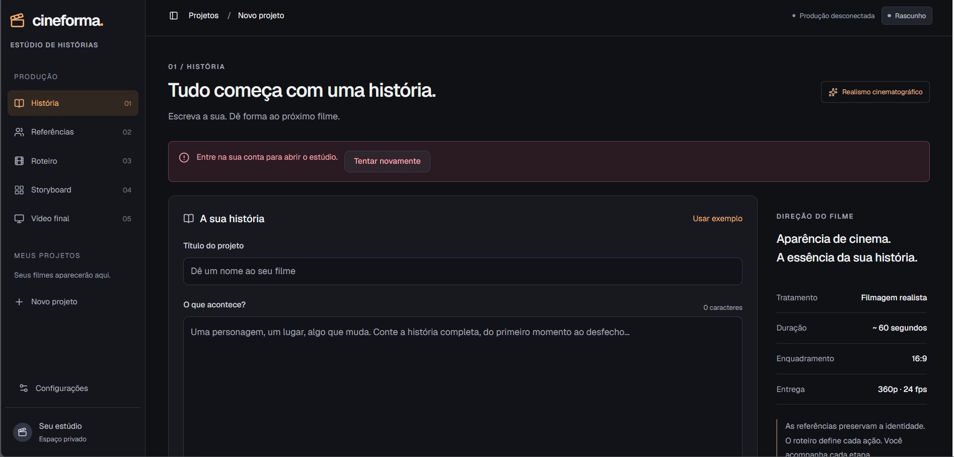 Tela do CineForma, estúdio de histórias: etapas História, Referências, Roteiro, Storyboard e Vídeo final, e o formulário de nova história