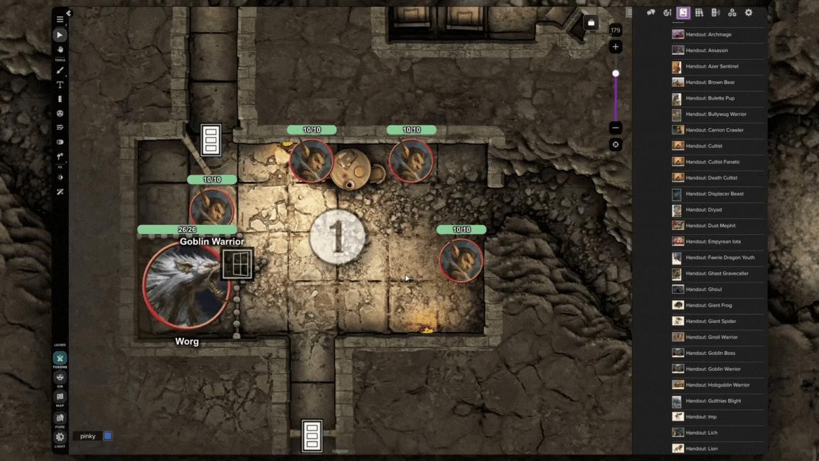 Mesa virtual de RPG com mapa de masmorra, tokens com barras de vida e lista de handouts de monstros à direita