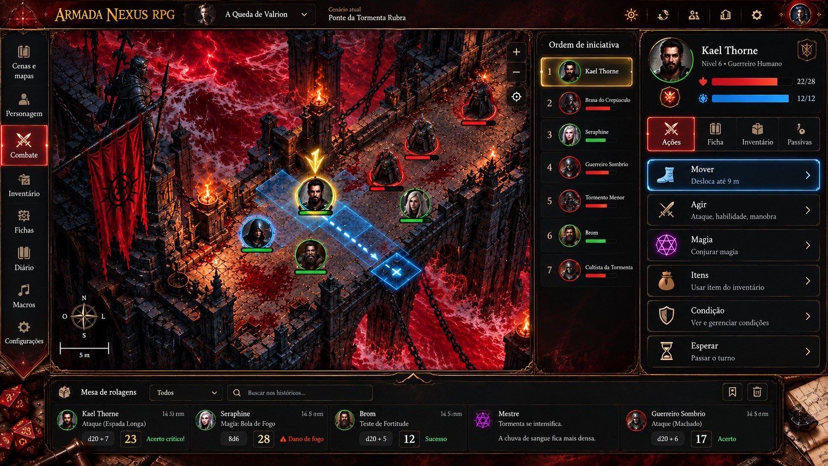 Imagem ilustrativa temporária de uma interface de RPG com mapa de combate, ordem de iniciativa, ficha do personagem e mesa de rolagens